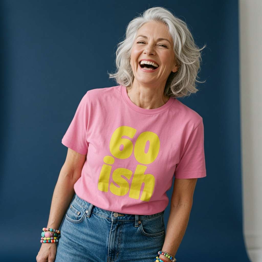 Grey-haired woman laughing while wearing a pink 60 ish t-shirt in bold yellow lettering, cheeky ladies 60th birthday slogan gift