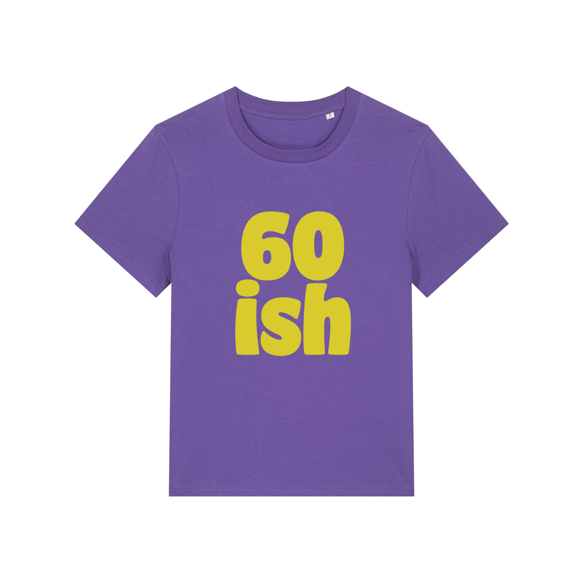 purple slogan t-shirt with '60 ish'
