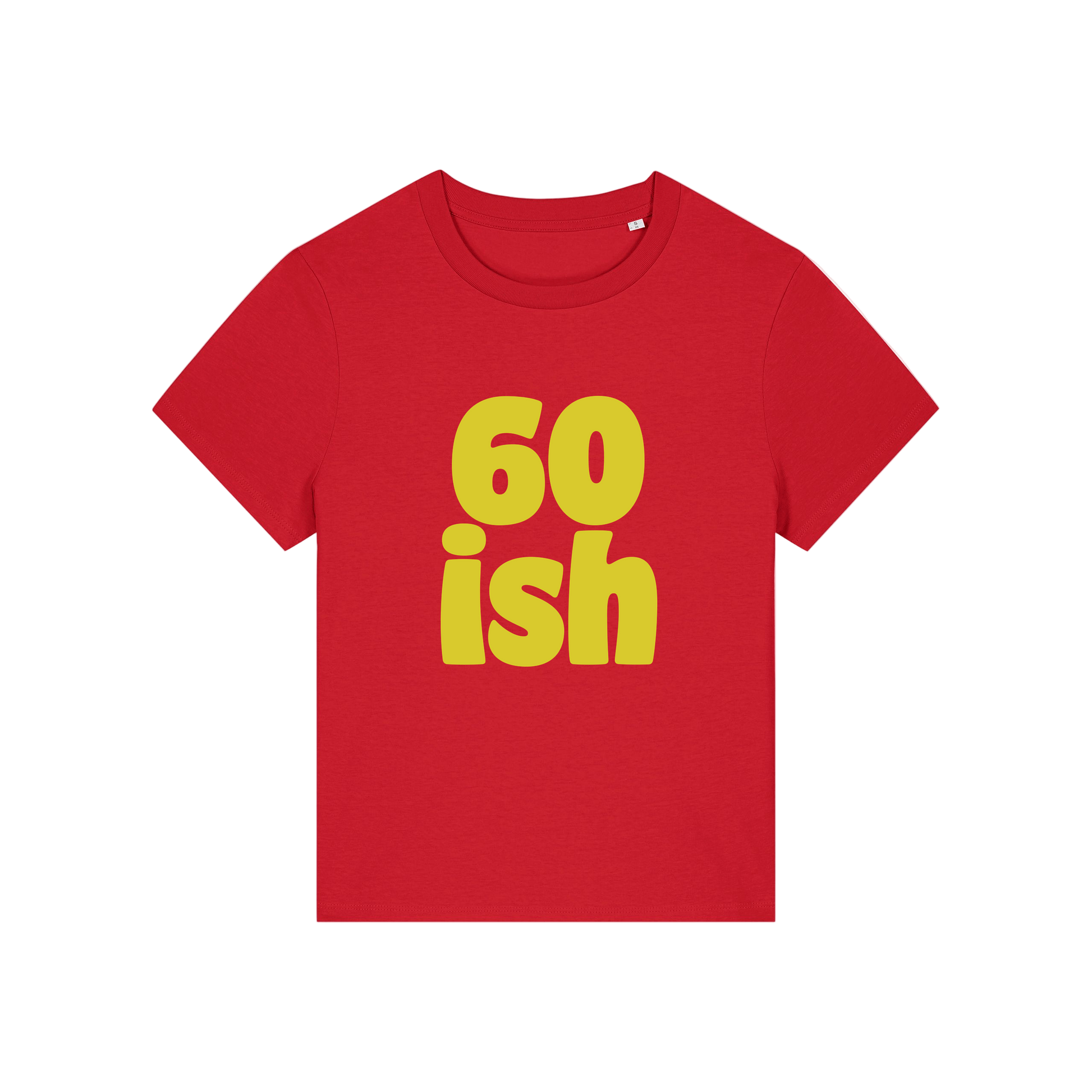 red slogan t-shirt with '60 ish'