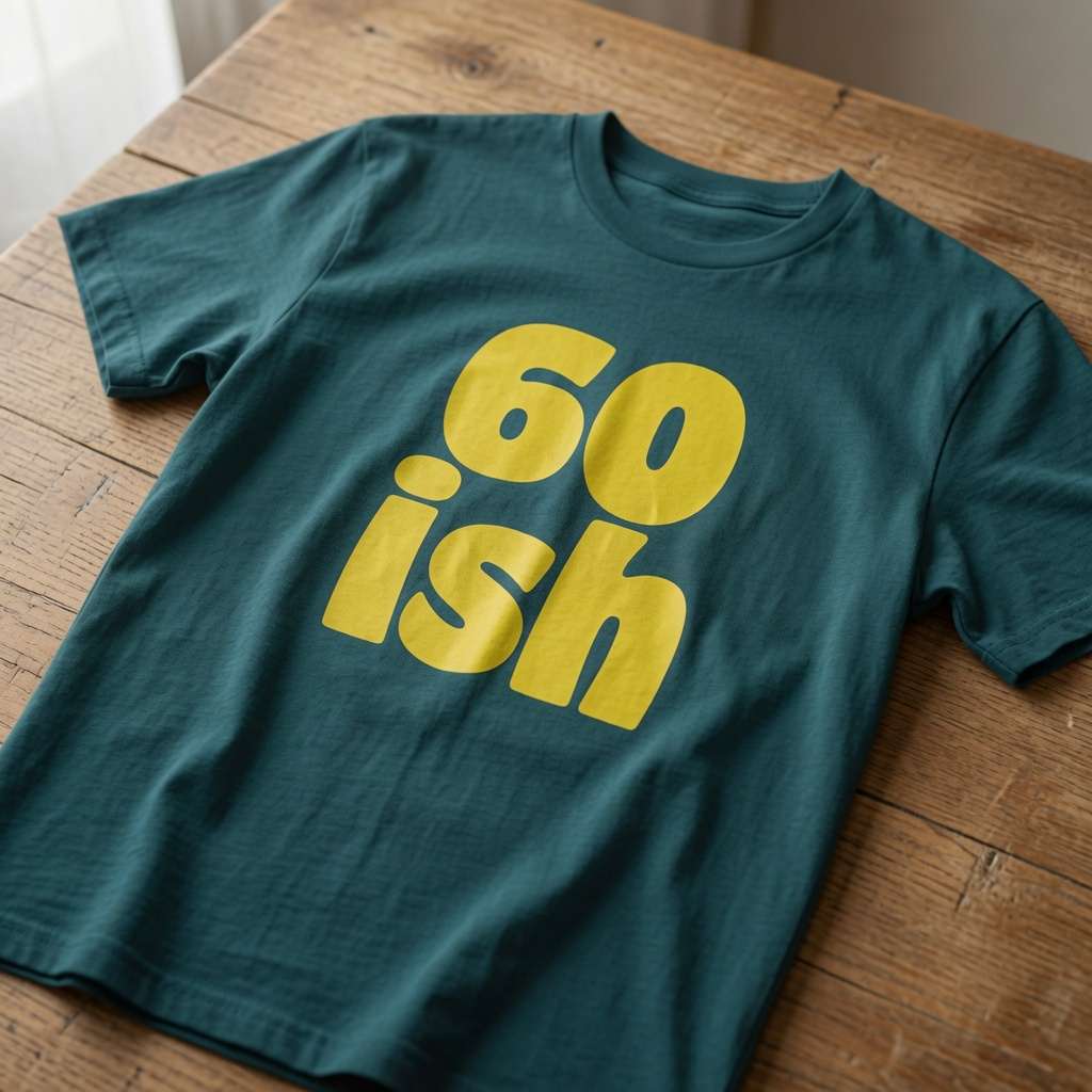 Stargazer green 60 ish t-shirt laid flat on a wooden surface with large yellow text, cheeky ladies 60th birthday slogan gift design