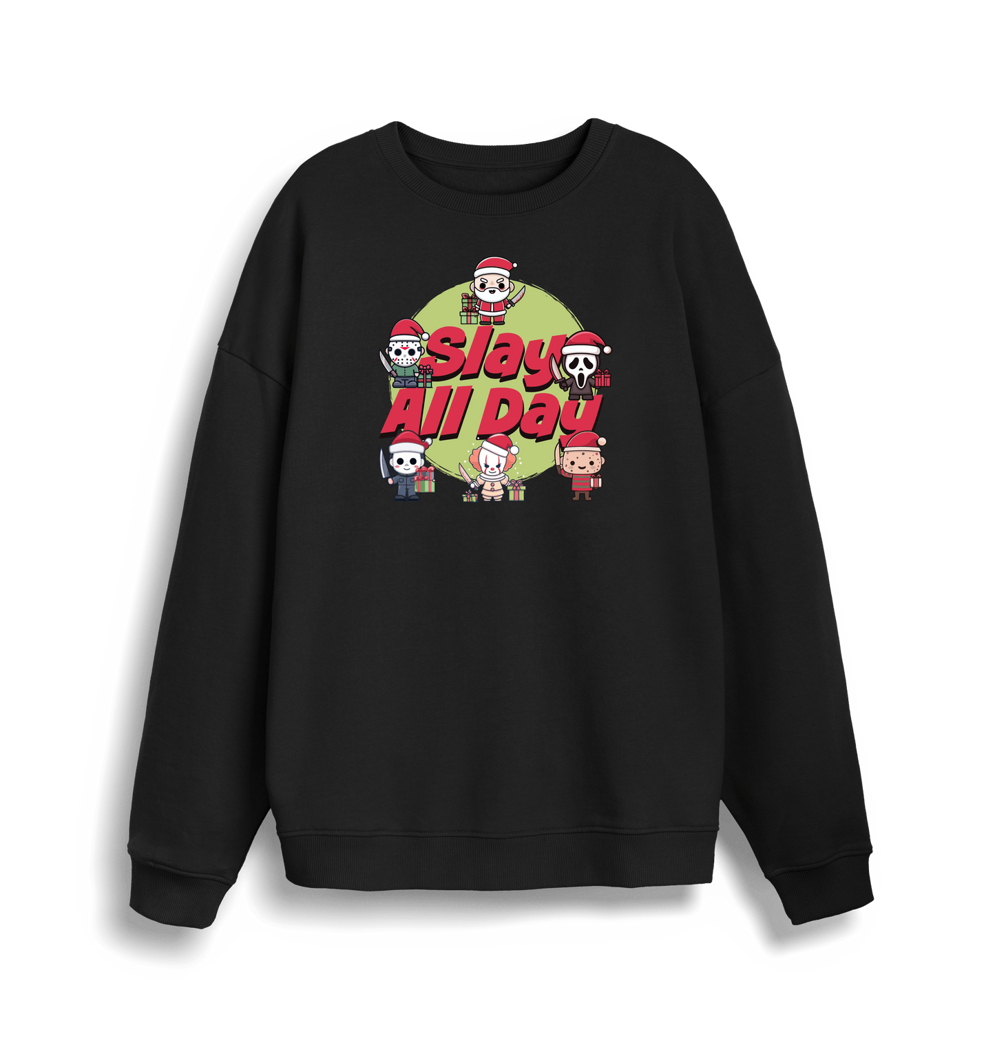 black christmas jumper with the graphic of santa and some popular horror movie characters with the slogan 'slay all day'