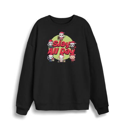 black christmas jumper with the graphic of santa and some popular horror movie characters with the slogan 'slay all day'
