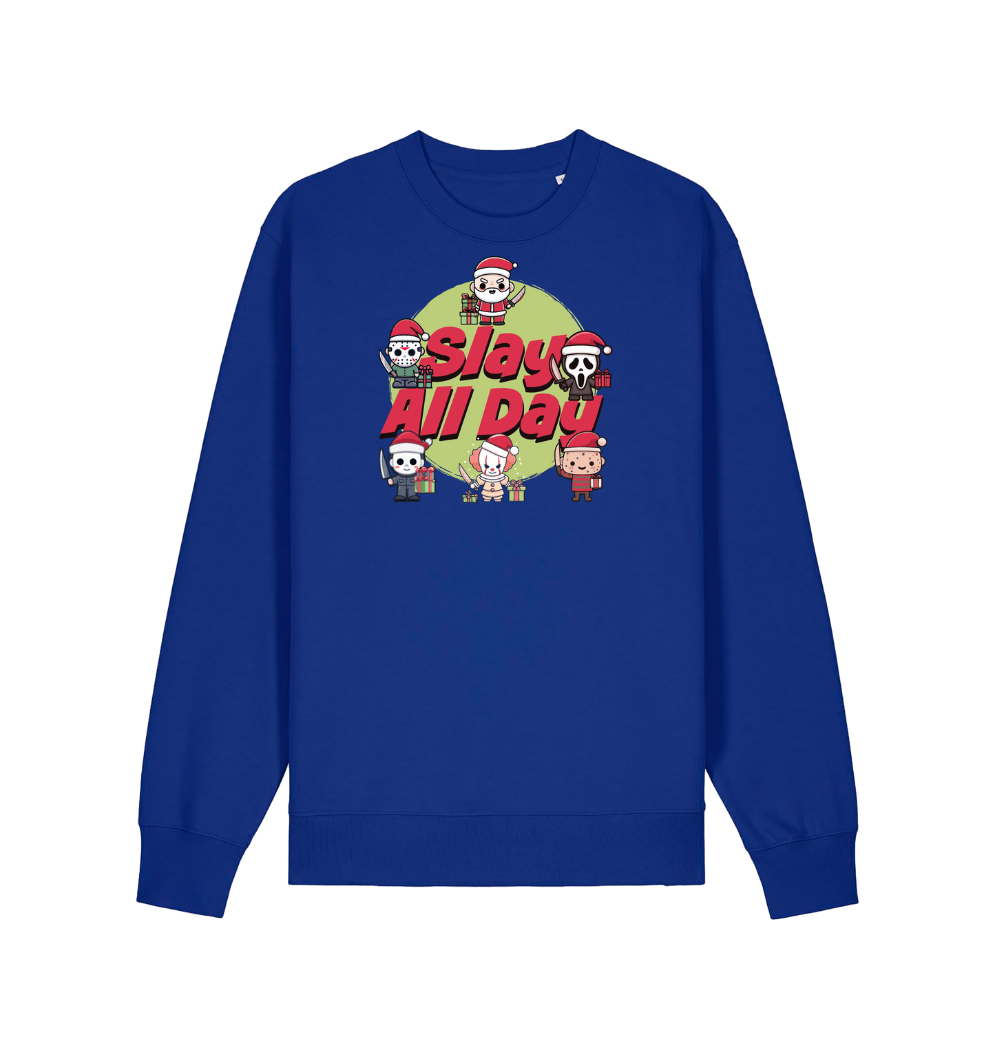 blue christmas jumper with the graphic of santa and some popular horror movie characters with the slogan 'slay all day'