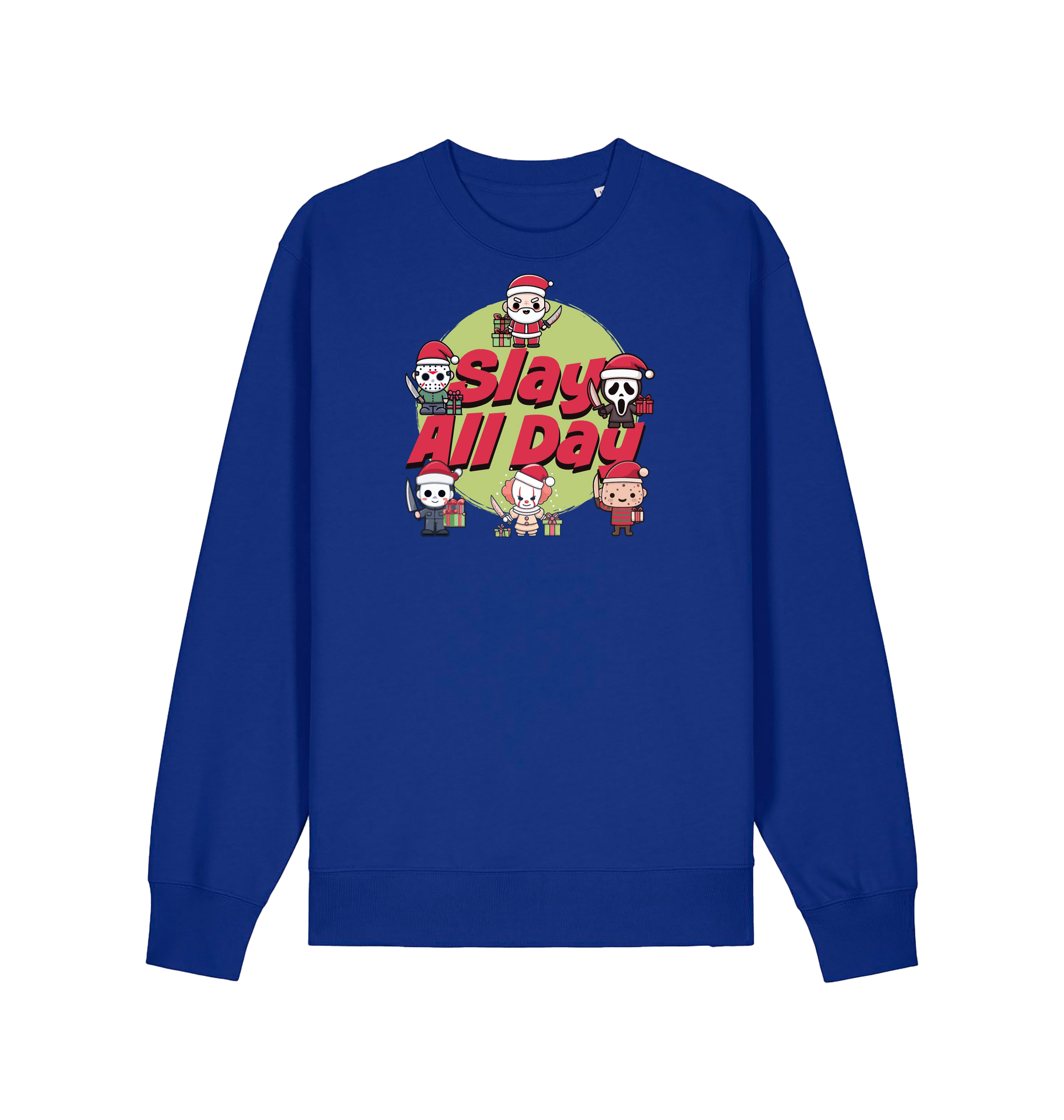 blue christmas jumper with the graphic of santa and some popular horror movie characters with the slogan 'slay all day'