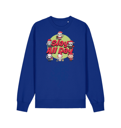 blue christmas jumper with the graphic of santa and some popular horror movie characters with the slogan 'slay all day'