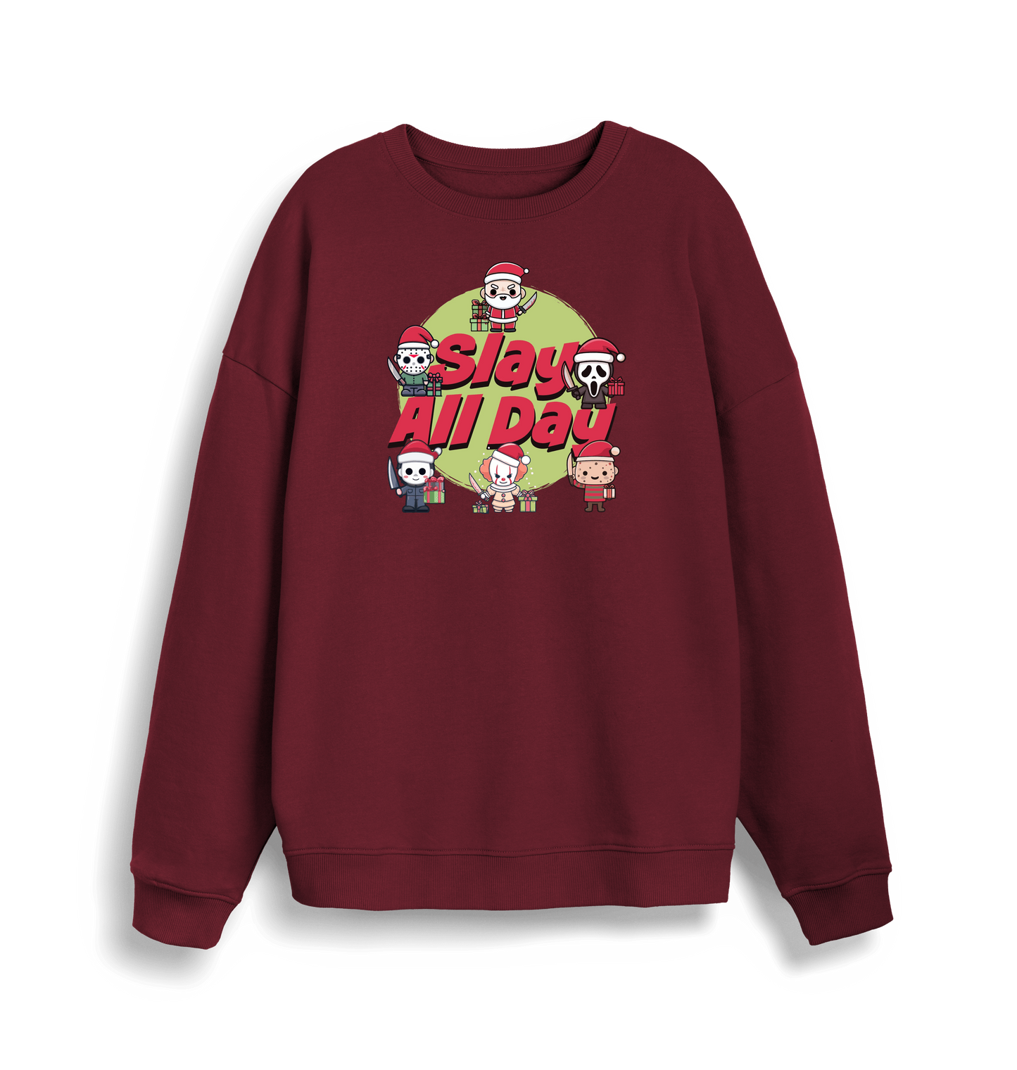 burgundy christmas jumper with the graphic of santa and some popular horror movie characters with the slogan 'slay all day'