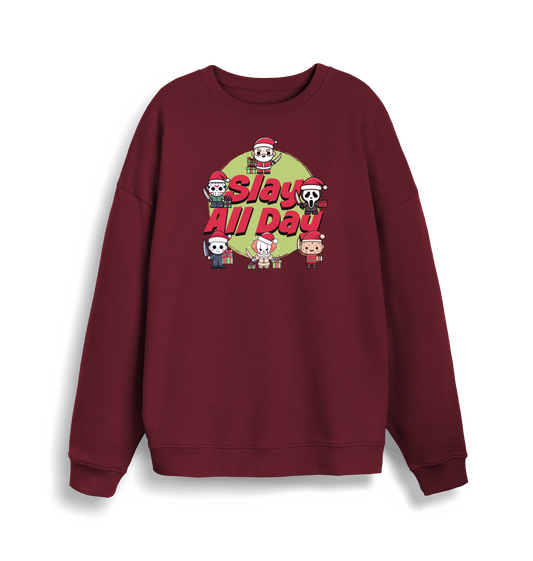 burgundy christmas jumper with the graphic of santa and some popular horror movie characters with the slogan 'slay all day'
