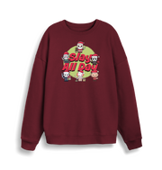 burgundy christmas jumper with the graphic of santa and some popular horror movie characters with the slogan 'slay all day'