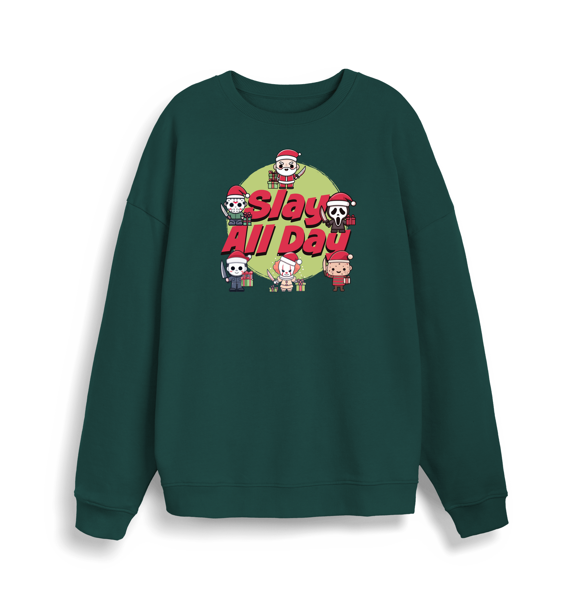 green christmas jumper with the graphic of santa and some popular horror movie characters with the slogan 'slay all day'