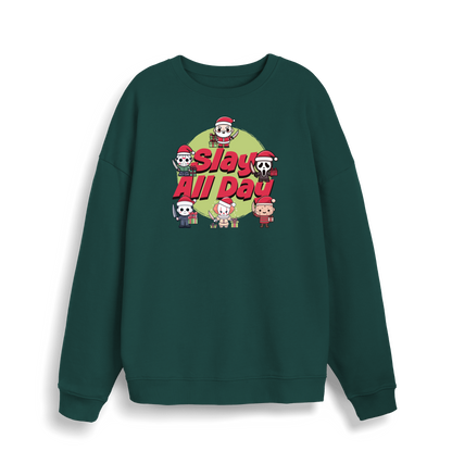 green christmas jumper with the graphic of santa and some popular horror movie characters with the slogan 'slay all day'