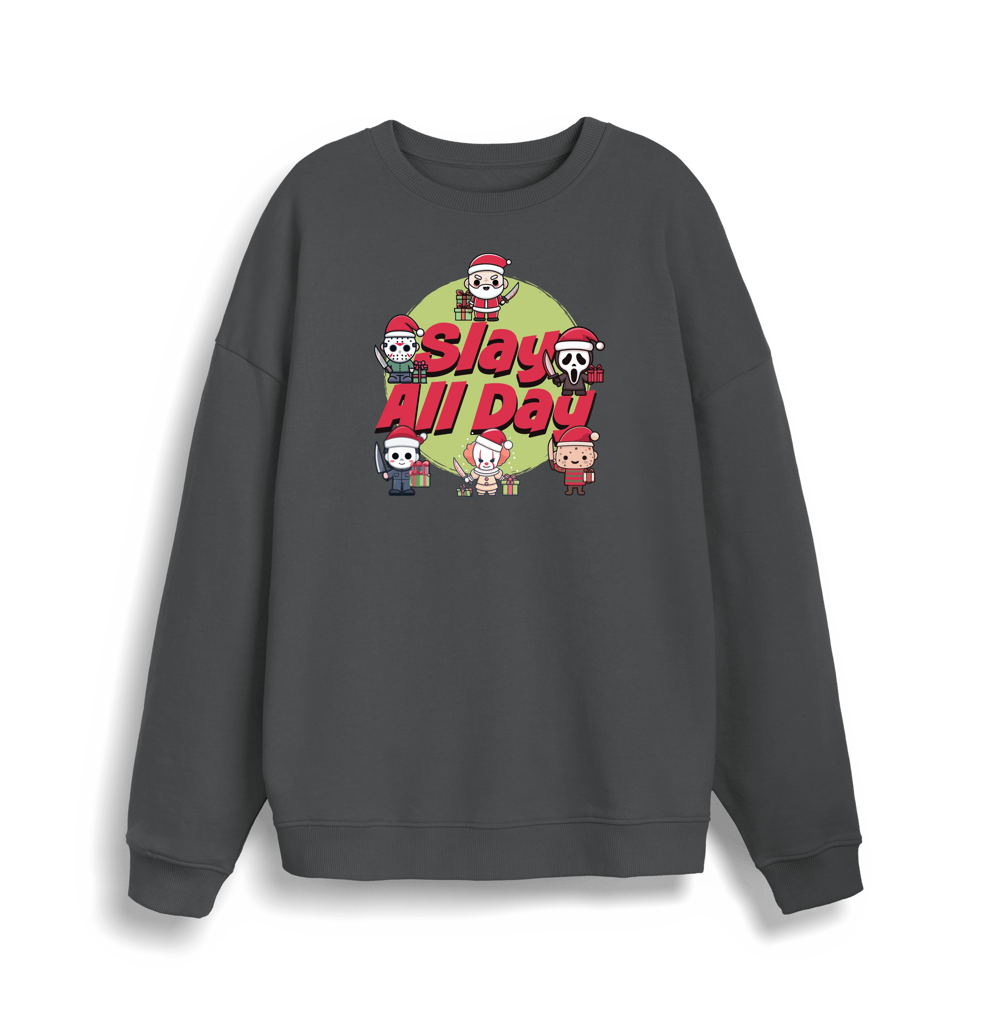 grey christmas jumper with the graphic of santa and some popular horror movie characters with the slogan 'slay all day'