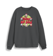 grey christmas jumper with the graphic of santa and some popular horror movie characters with the slogan 'slay all day'