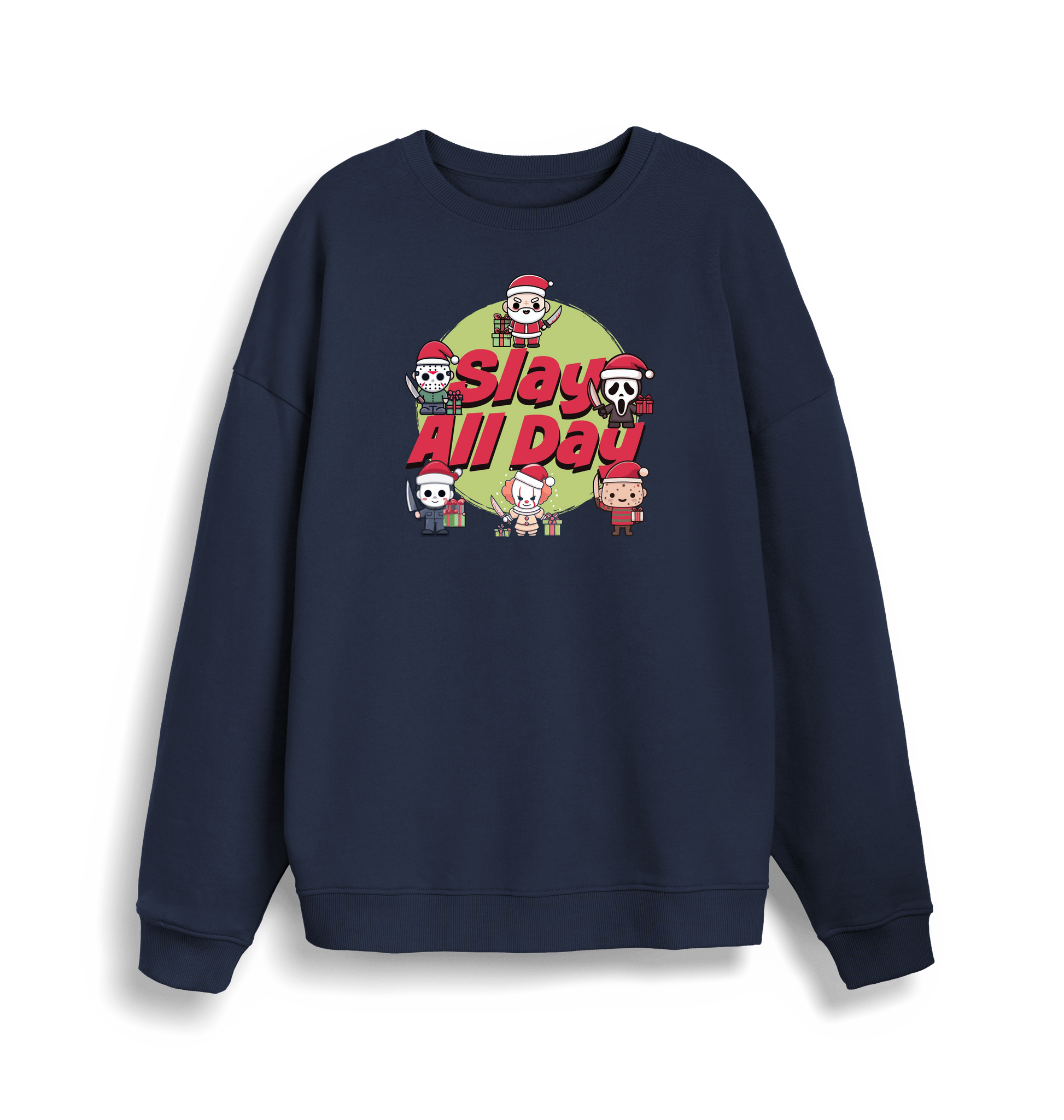 navy christmas jumper with the graphic of santa and some popular horror movie characters with the slogan 'slay all day'