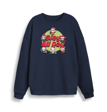 navy christmas jumper with the graphic of santa and some popular horror movie characters with the slogan 'slay all day'