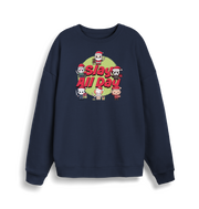 navy christmas jumper with the graphic of santa and some popular horror movie characters with the slogan 'slay all day'