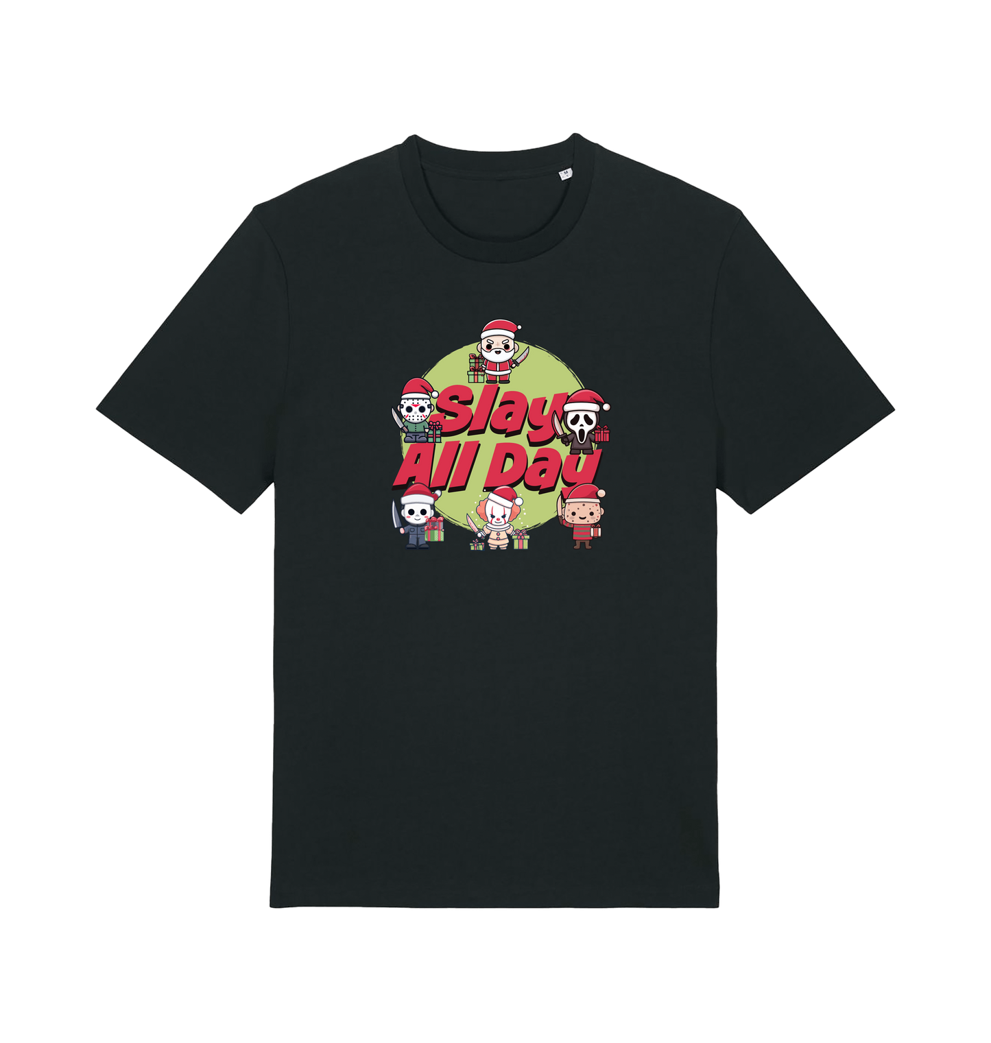 black christmas t-shirt with the graphic of some popular horror movie characters with santa and the slogan 'slay all day'