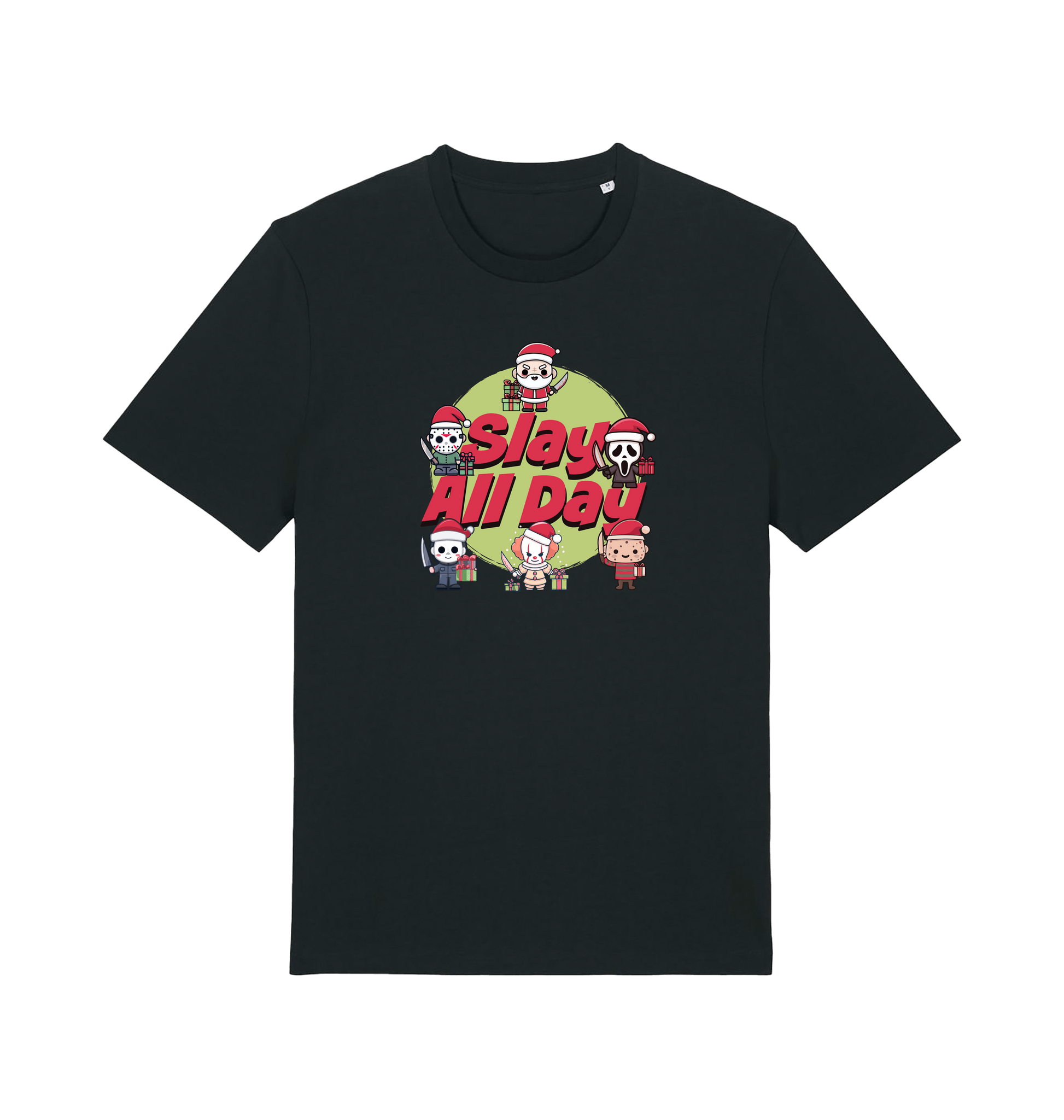 black christmas t-shirt with the graphic of some popular horror movie characters with santa and the slogan 'slay all day'