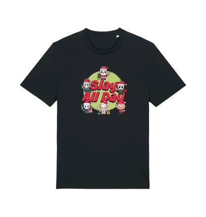 black christmas t-shirt with the graphic of some popular horror movie characters with santa and the slogan 'slay all day'