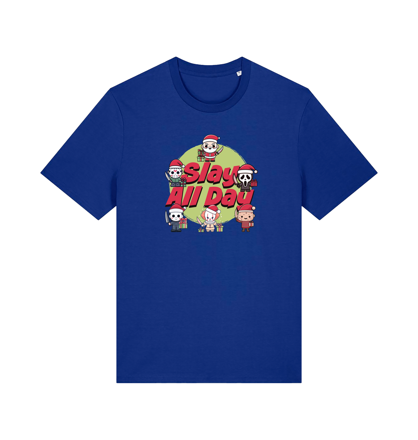 blue christmas t-shirt with the graphic of some popular horror movie characters with santa and the slogan 'slay all day'