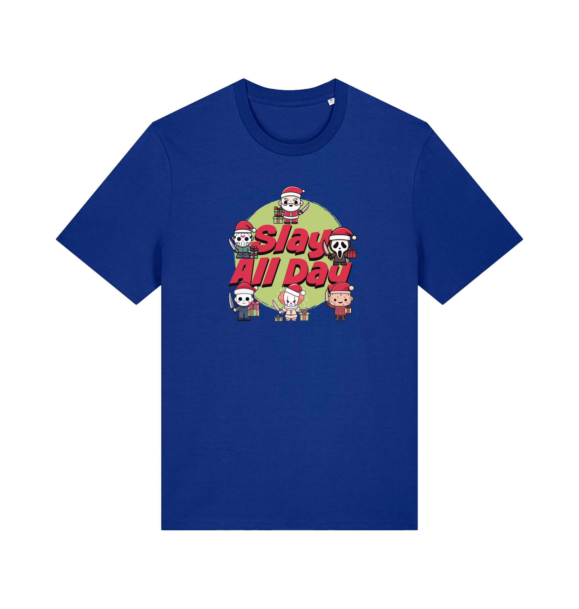 blue christmas t-shirt with the graphic of some popular horror movie characters with santa and the slogan 'slay all day'