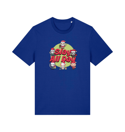blue christmas t-shirt with the graphic of some popular horror movie characters with santa and the slogan 'slay all day'
