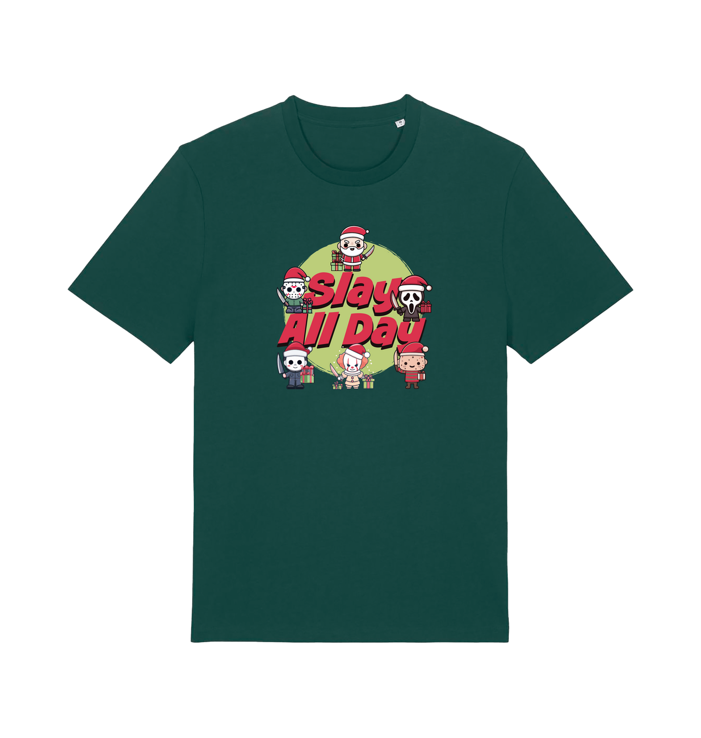 green christmas t-shirt with the graphic of some popular horror movie characters with santa and the slogan 'slay all day'