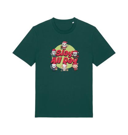 green christmas t-shirt with the graphic of some popular horror movie characters with santa and the slogan 'slay all day'
