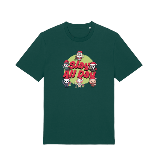 green christmas t-shirt with the graphic of some popular horror movie characters with santa and the slogan 'slay all day'
