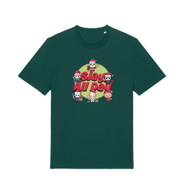 green christmas t-shirt with the graphic of some popular horror movie characters with santa and the slogan 'slay all day'