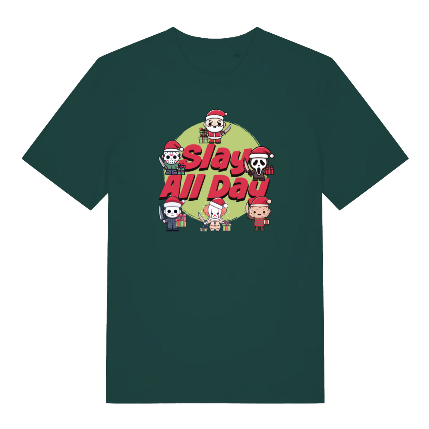 green christmas t-shirt with the graphic of some popular horror characters and the slogan 'slay all day'
