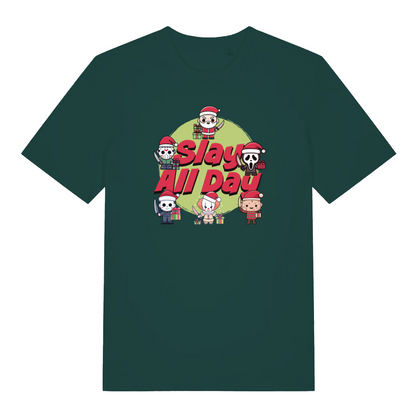 green christmas t-shirt with the graphic of some popular horror characters and the slogan 'slay all day'