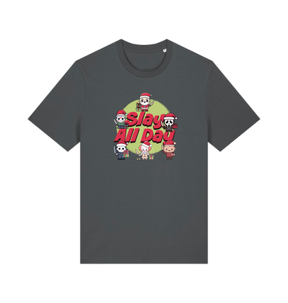 grey christmas t-shirt with the graphic of some popular horror movie characters with santa and the slogan 'slay all day'