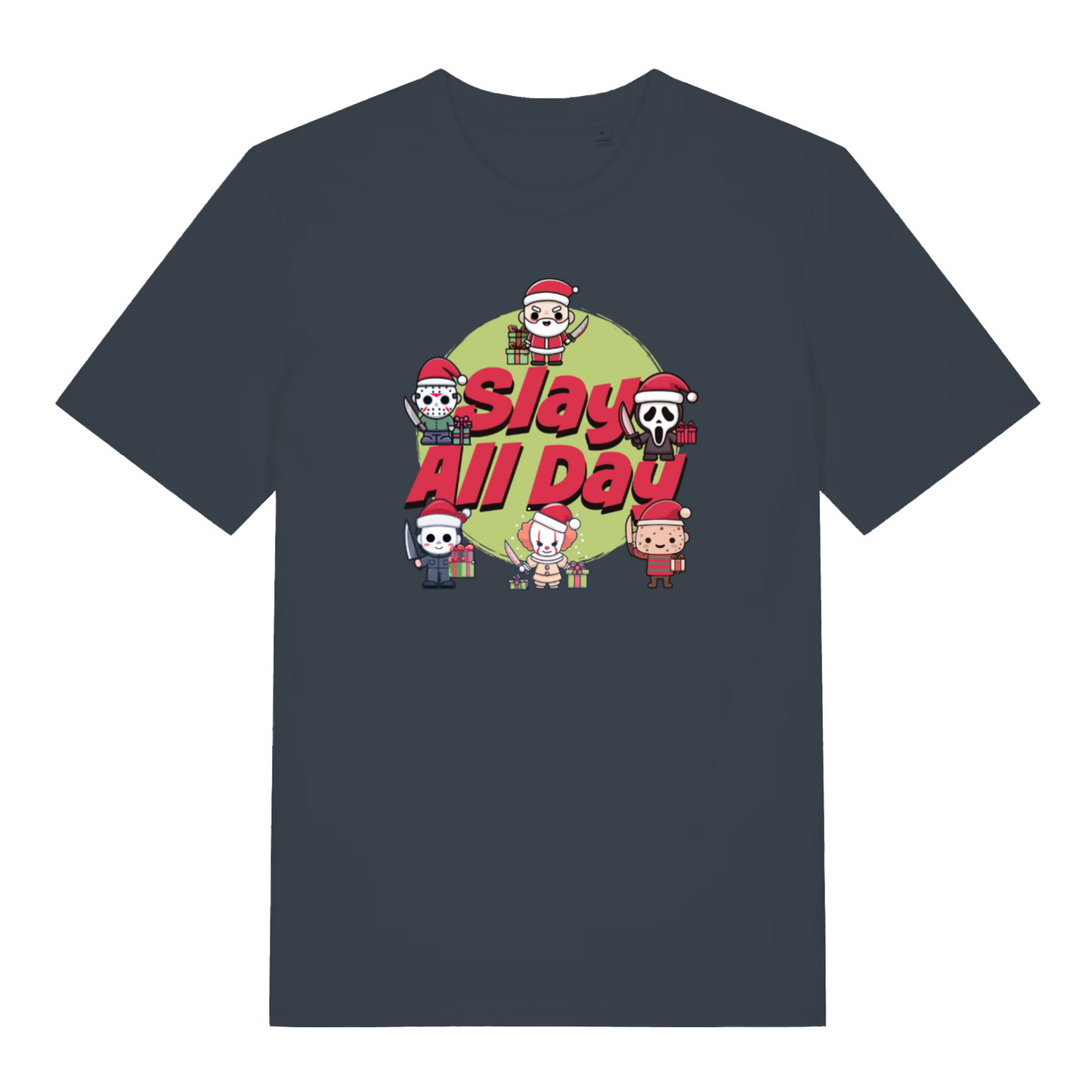 ink grey christmas t-shirt with the graphic of some popular horror characters and the slogan 'slay all day'