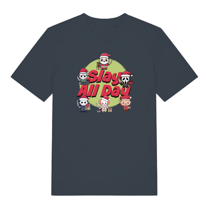 ink grey christmas t-shirt with the graphic of some popular horror characters and the slogan 'slay all day'