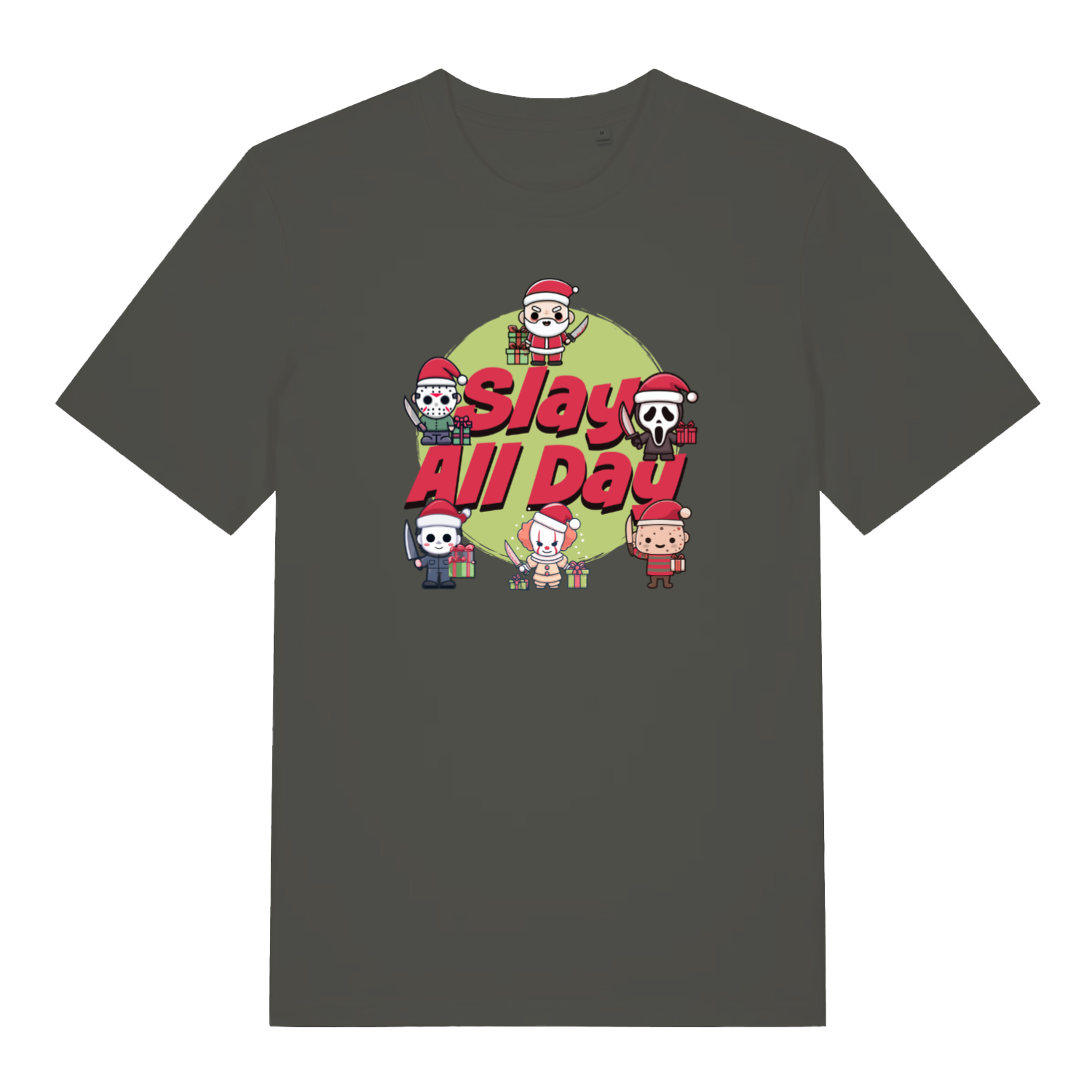 khaki christmas t-shirt with the graphic of some popular horror characters and the slogan 'slay all day'