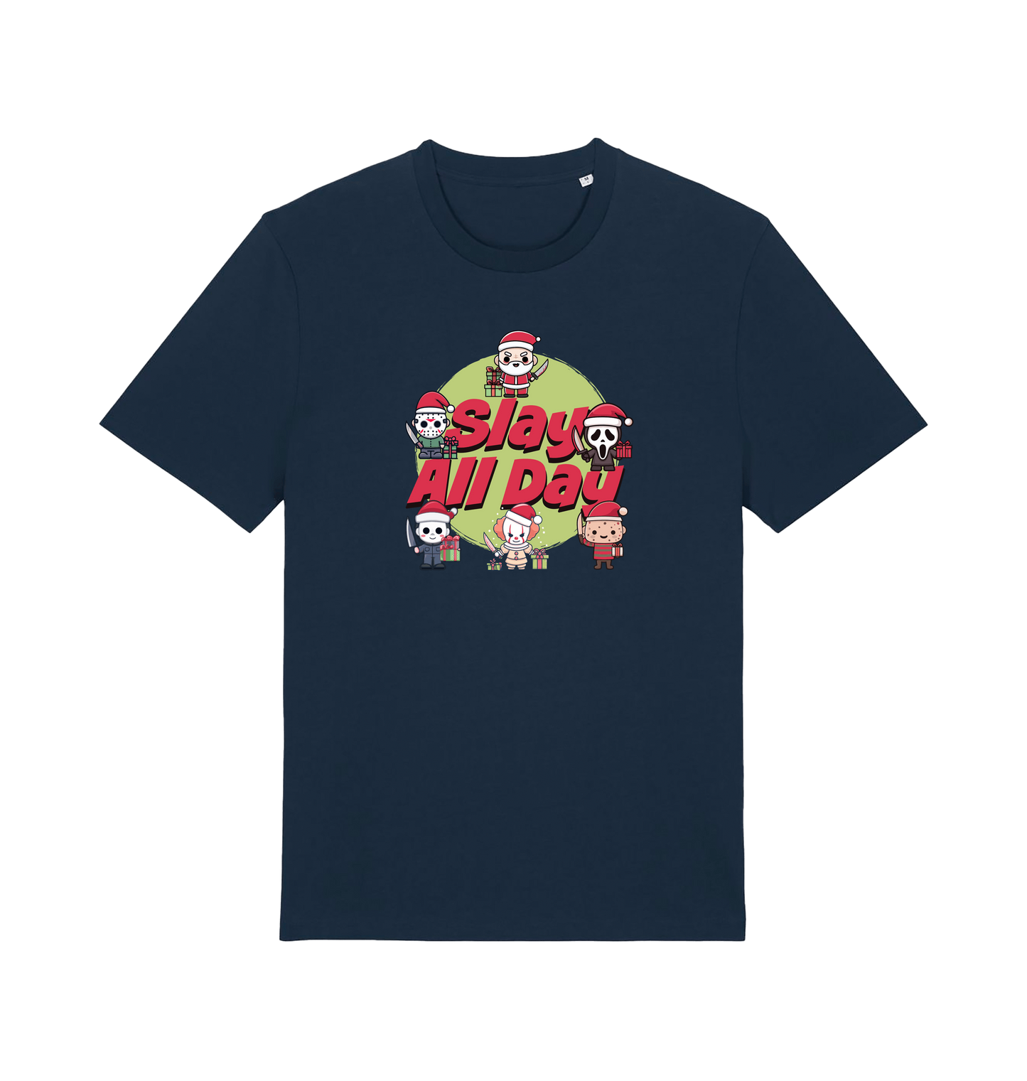 navy christmas t-shirt with the graphic of some popular horror movie characters with santa and the slogan 'slay all day'