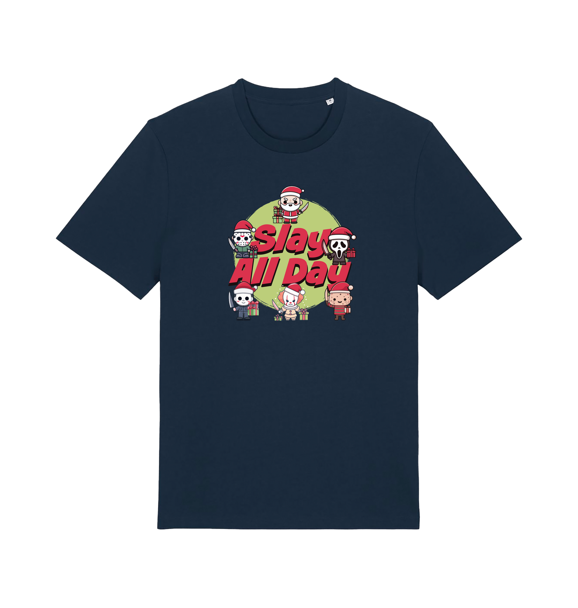 navy christmas t-shirt with the graphic of some popular horror movie characters with santa and the slogan 'slay all day'