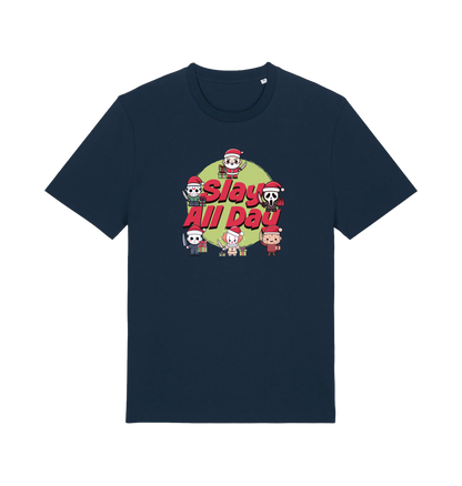 navy christmas t-shirt with the graphic of some popular horror movie characters with santa and the slogan 'slay all day'