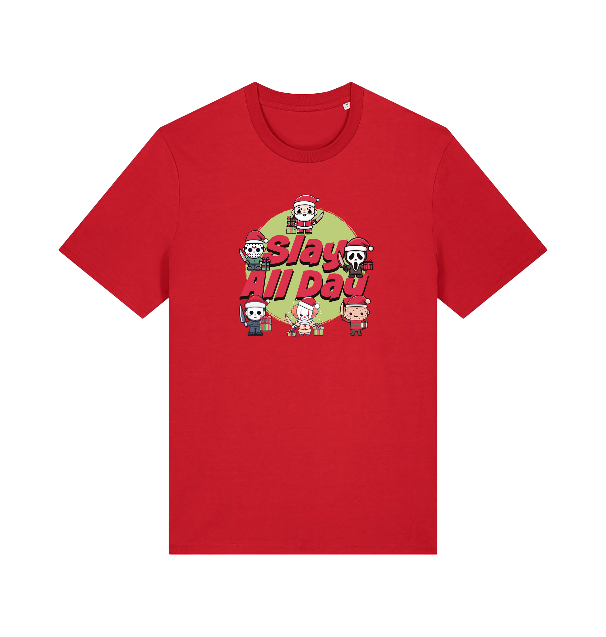 red christmas t-shirt with the graphic of some popular horror movie characters with santa and the slogan 'slay all day'
