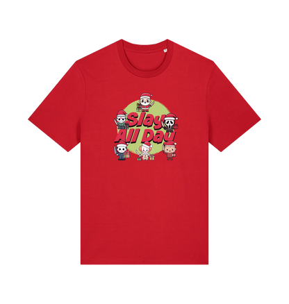 red christmas t-shirt with the graphic of some popular horror movie characters with santa and the slogan 'slay all day'
