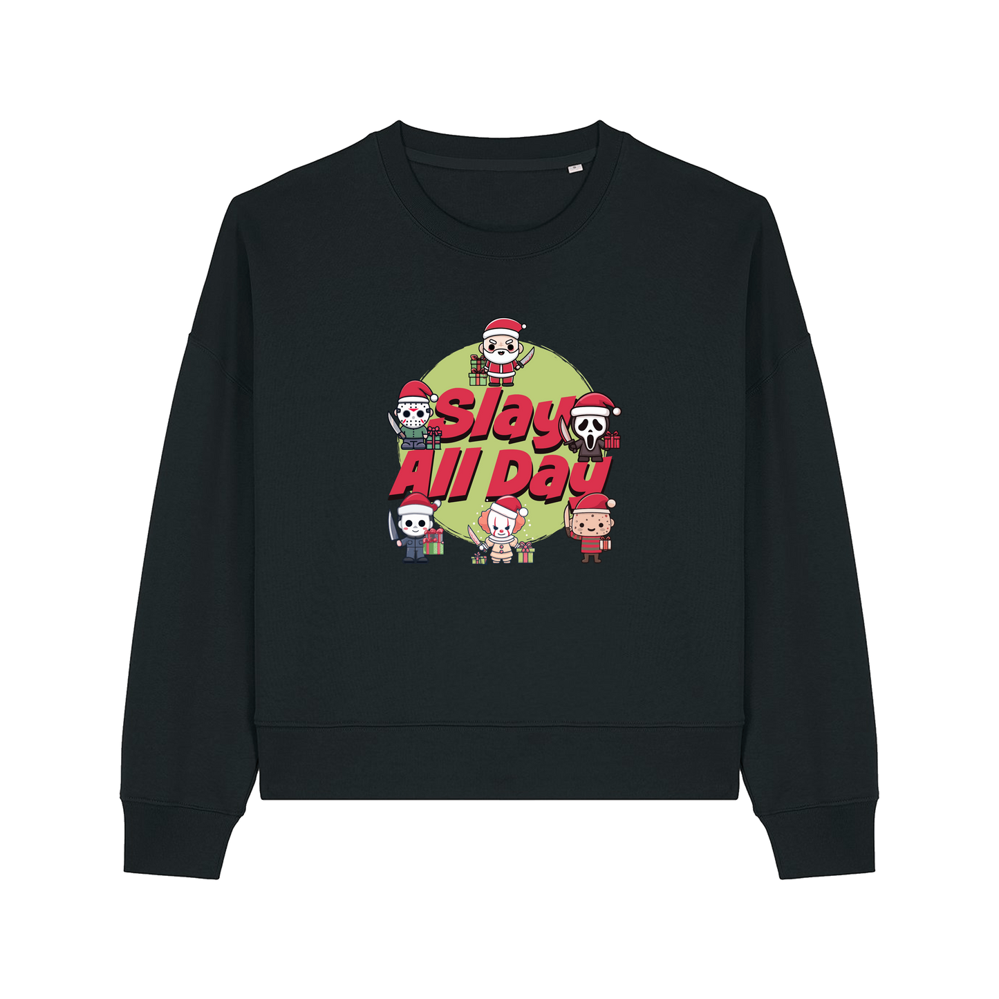 black christmas jumper with the graphic of santa with some popular horror movie characters and the slogan 'slay all day'