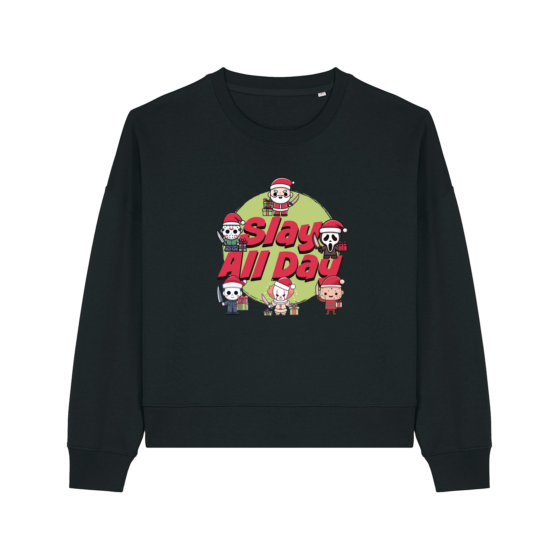 black christmas jumper with the graphic of santa with some popular horror movie characters and the slogan 'slay all day'