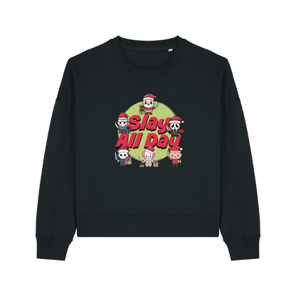 black christmas jumper with the graphic of santa with some popular horror movie characters and the slogan 'slay all day'