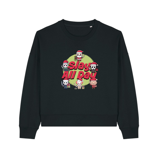 black christmas jumper with the graphic of santa with some popular horror movie characters and the slogan 'slay all day'