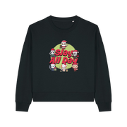 black christmas jumper with the graphic of santa with some popular horror movie characters and the slogan 'slay all day'