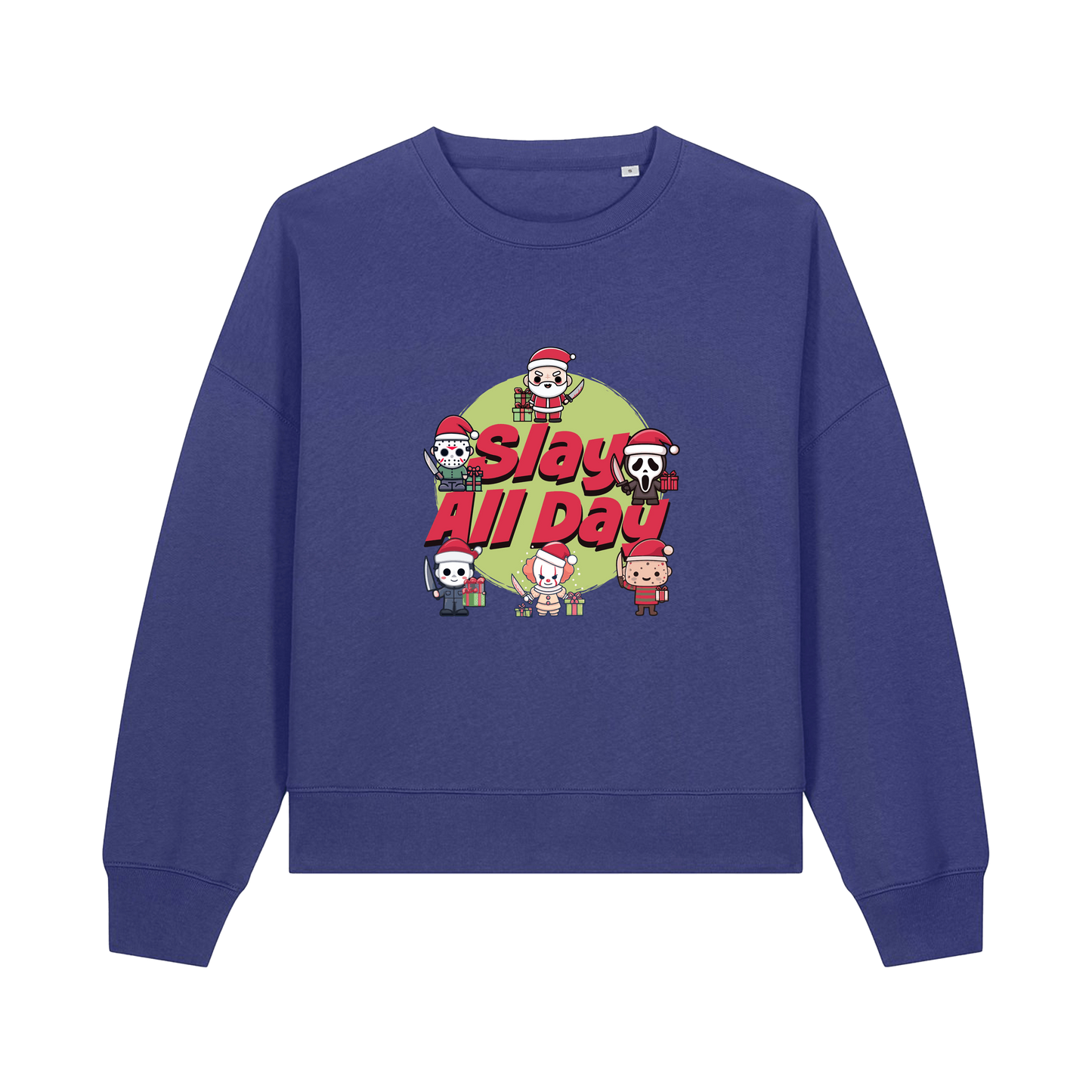 blue christmas jumper with the graphic of santa with some popular horror movie characters and the slogan 'slay all day'