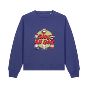 blue christmas jumper with the graphic of santa with some popular horror movie characters and the slogan 'slay all day'