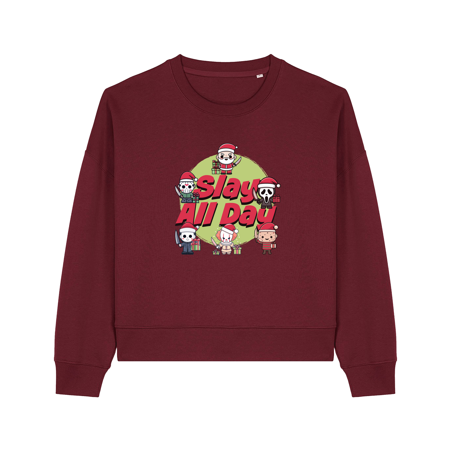 burgundy christmas jumper with the graphic of santa with some popular horror movie characters and the slogan 'slay all day'