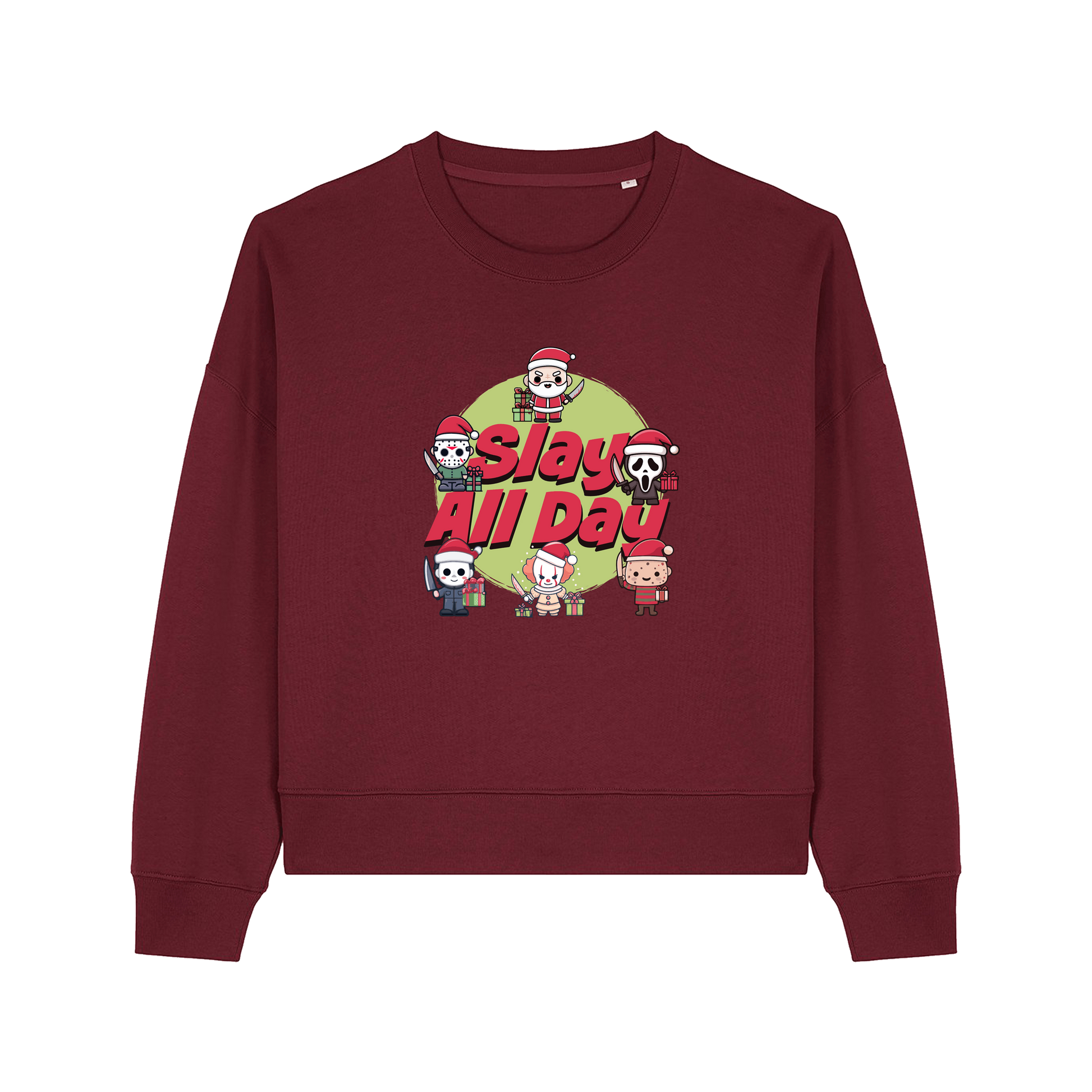 burgundy christmas jumper with the graphic of santa with some popular horror movie characters and the slogan 'slay all day'