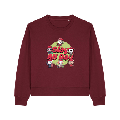 burgundy christmas jumper with the graphic of santa with some popular horror movie characters and the slogan 'slay all day'